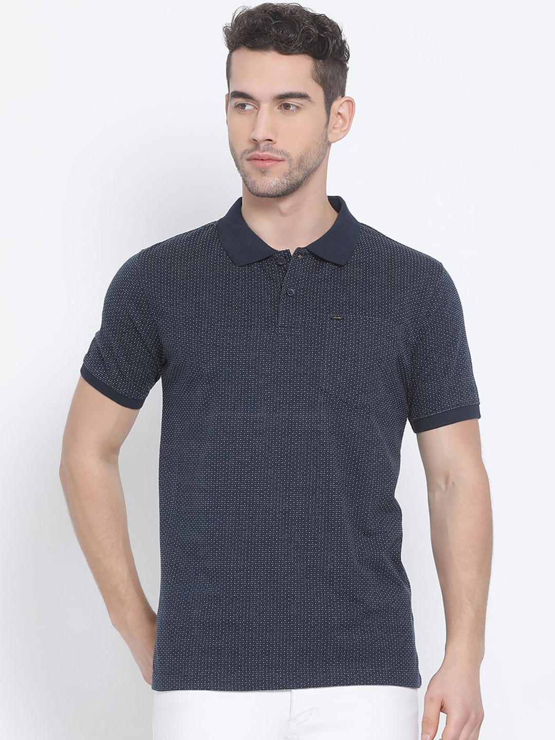 

Richlook Men Navy Blue Self Design Polo Collar T-shirt