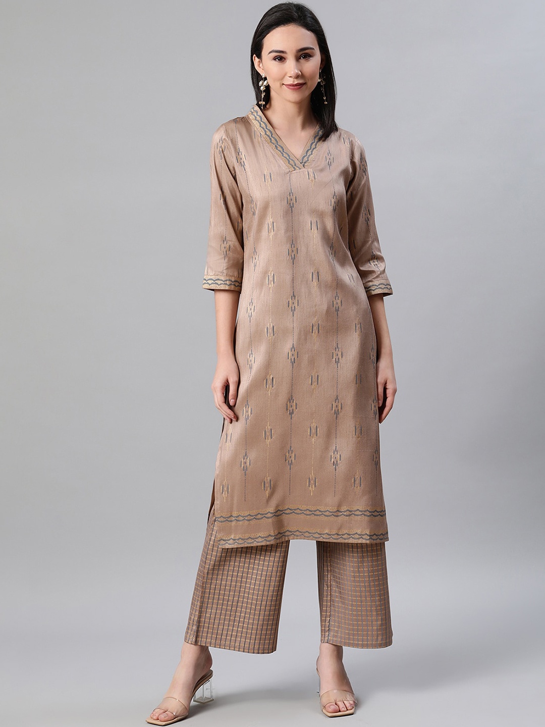 

ZIYAA Women Brown Embroidered Kurti with Palazzos