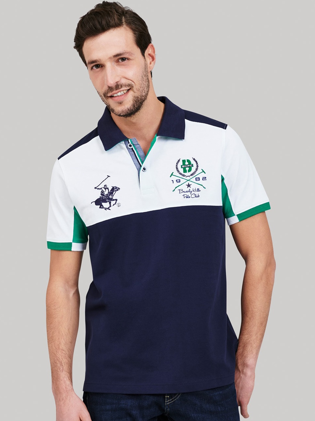 

Beverly Hills Polo Club Men Navy Blue & White Colourblocked Polo Collar T-shirt