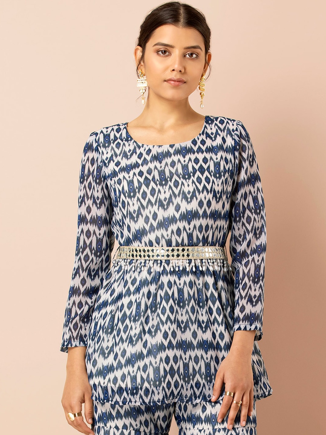 

INDYA Blue Ikat Short Kurti with Attached Belt