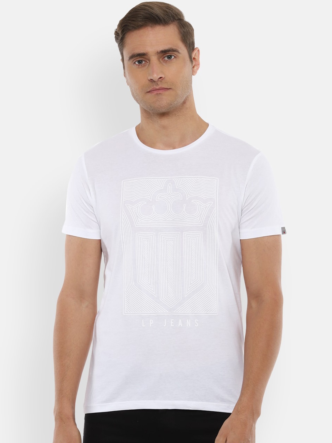 

Louis Philippe Jeans Men White Printed Round Neck Cotton Pure Cotton T-shirt