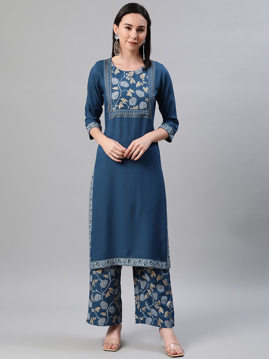 

ZIYAA Women Teal Yoke Design Kurta with Palazzos