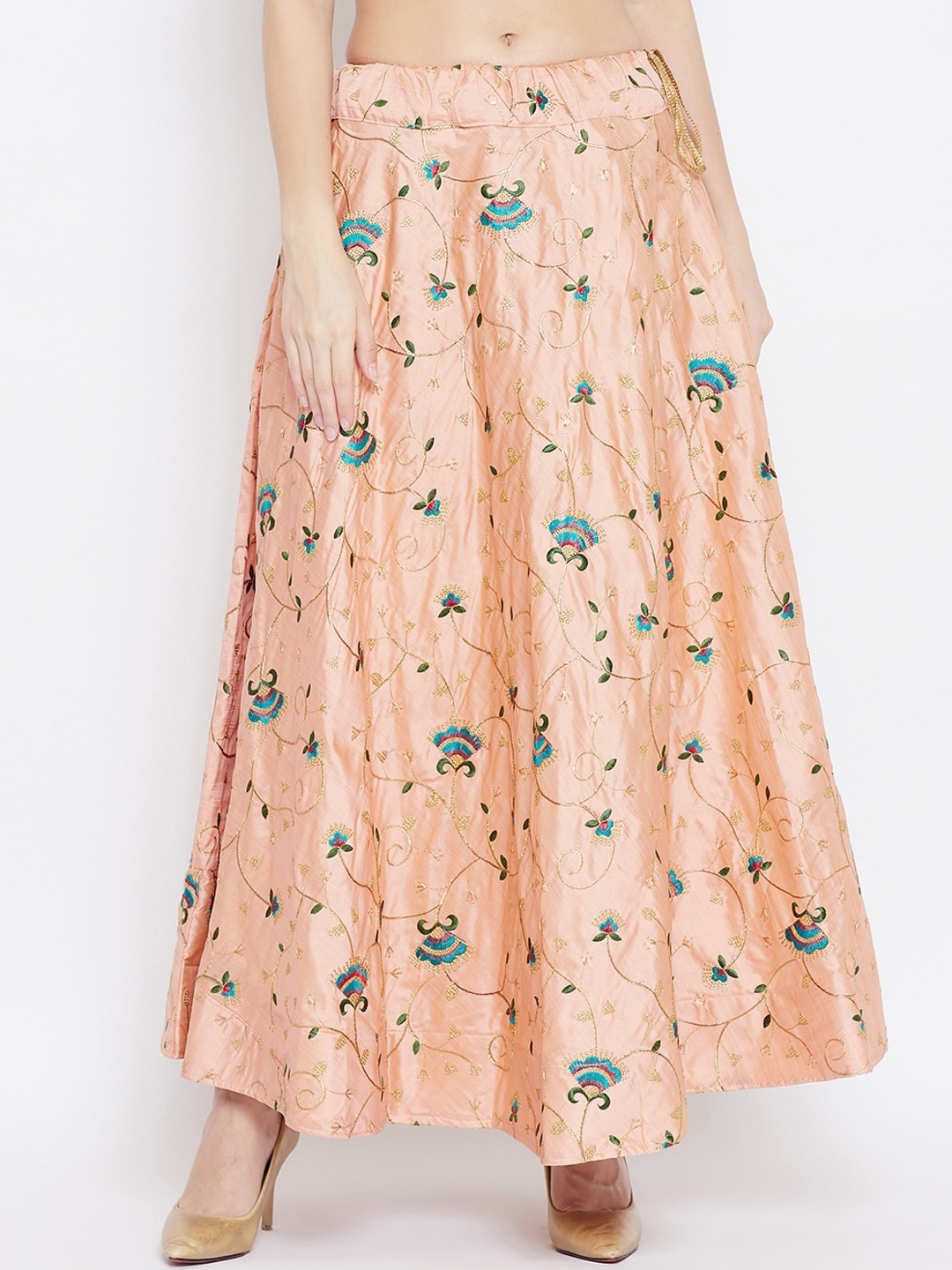 

Clora Creation Women Peach-Coloured & Green Embroidered A-line Maxi Skirt