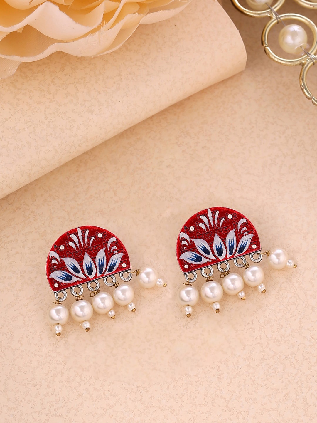 

Shoshaa Silver-Plated & Red Enamelled Contemporary Drop Earrings
