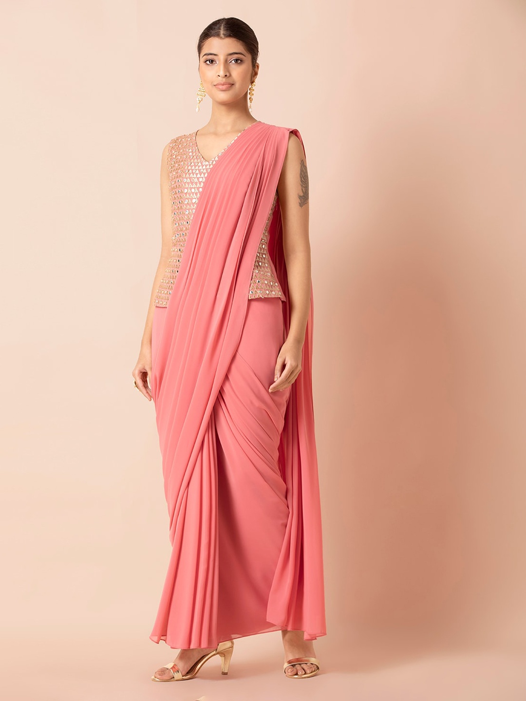 

INDYA Pink Solid Poly Georgette Ready to Wear Saree
