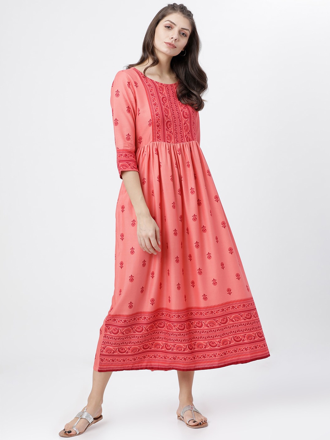 Vishudh Women Coral Pink Printed Ethnic A-Line Dress