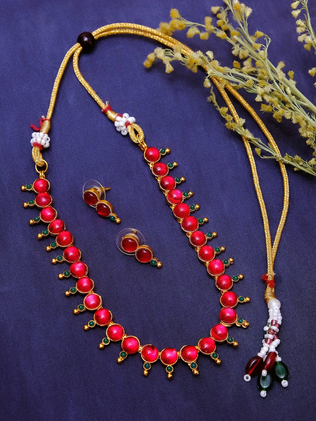 

Crunchy Fashion Oxidised Gold-Plated Pink & Green Stone-Studded Traditional Jewellery Set