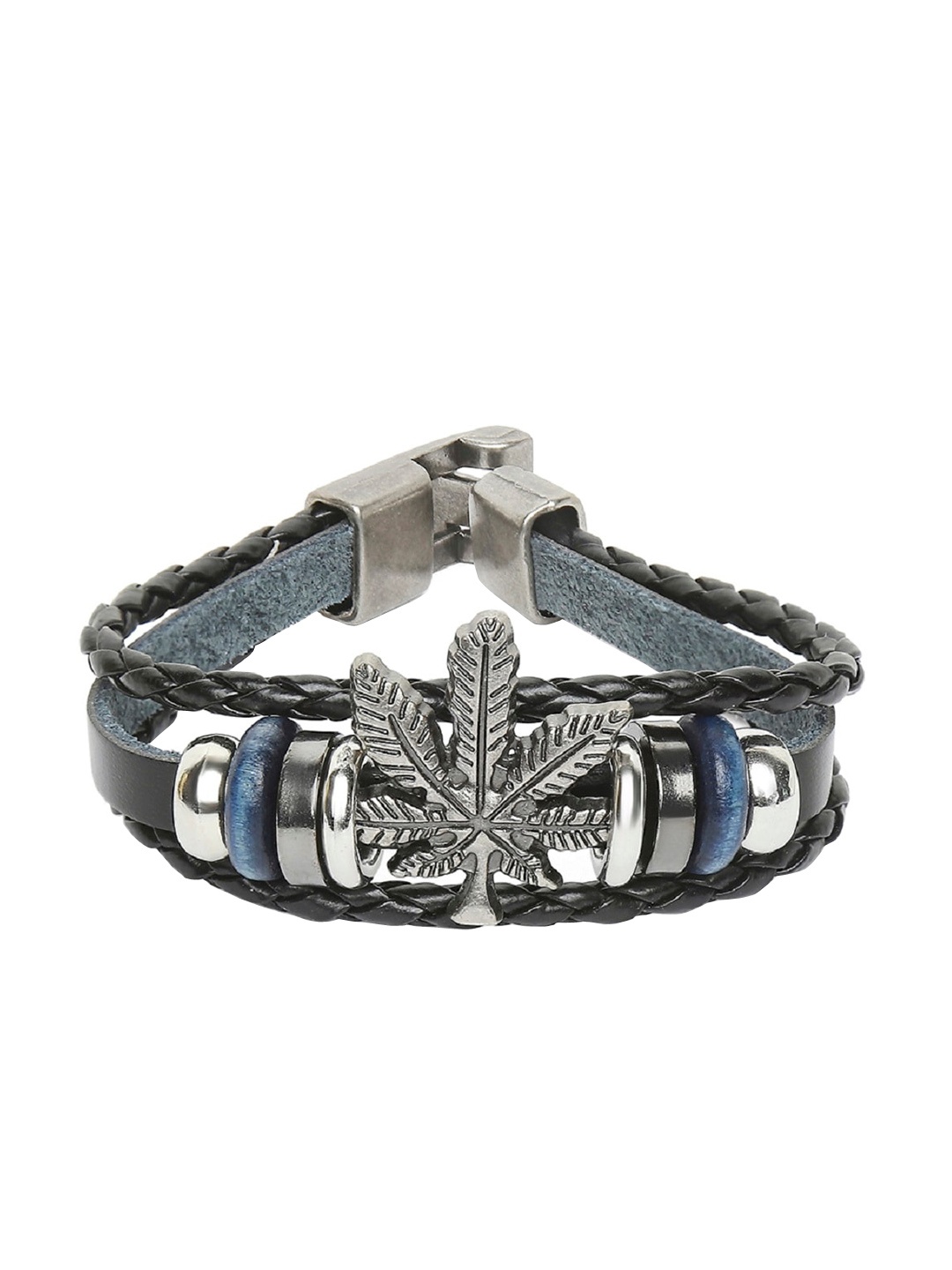 

OOMPH Men Black & Silver-Toned Leather Handcrafted Multistrand Leather Bracelet