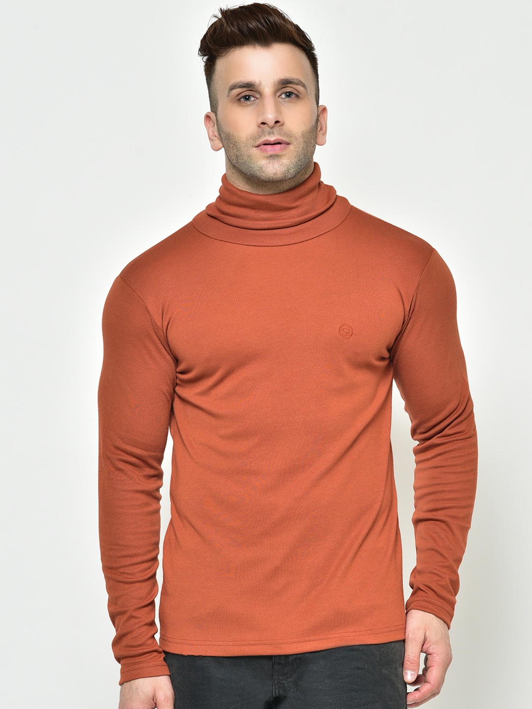 

CHKOKKO Men Rust Solid Turtle Neck T-shirt