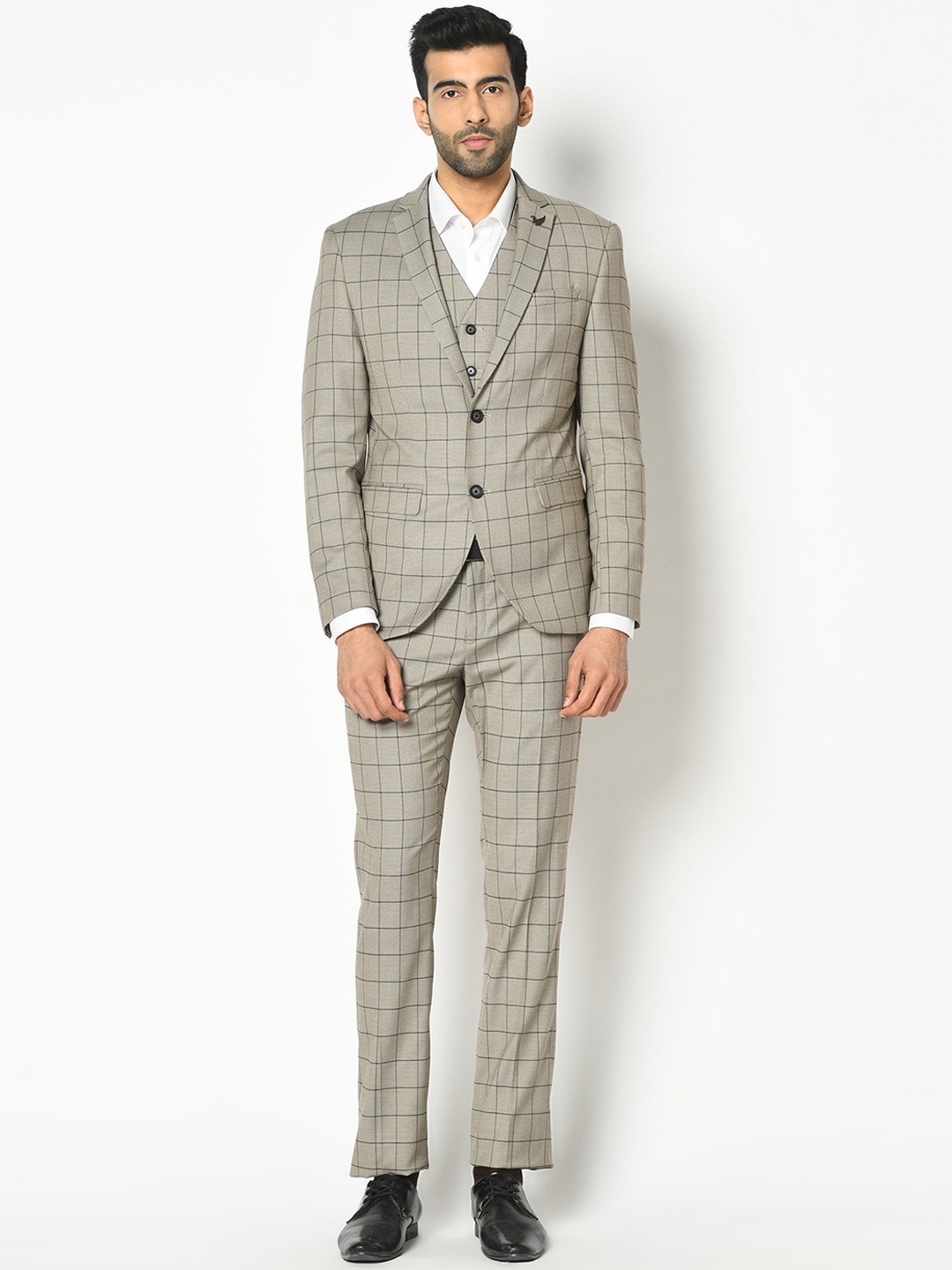 

Blackberrys Men Grey & Black Checked Slim-Fit 3-Piece Formal Suit