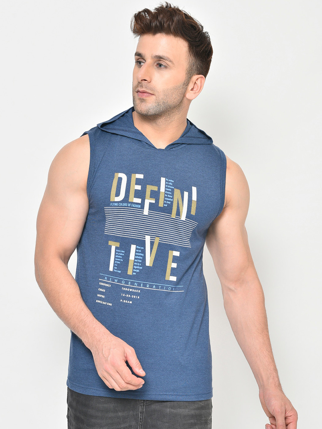 

CHKOKKO Men Blue Printed Dry Fit Hood T-shirt