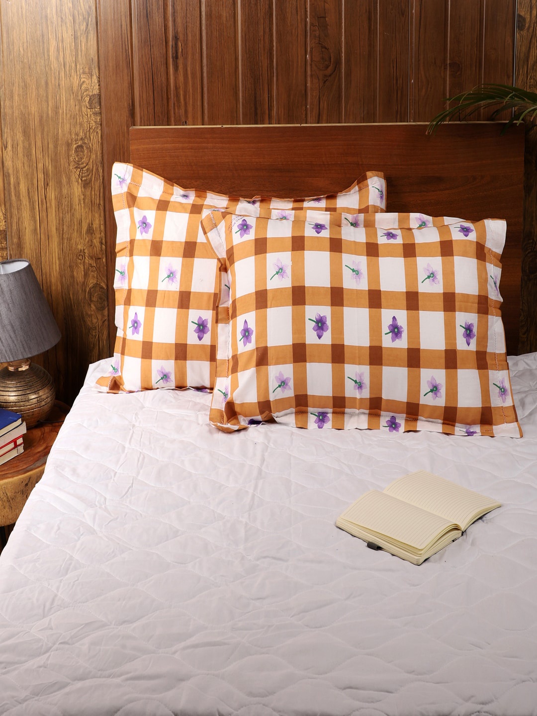 

MFD HOME FURNISHING Set Of 2 Brown & White Checked Sleep Pillows