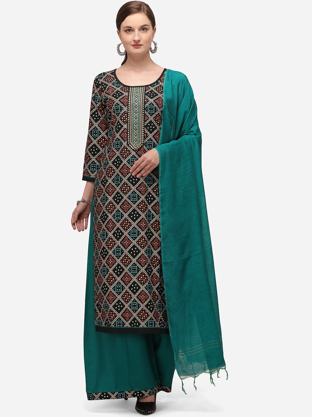 

SheWill Teal & Orange Cotton Blend Bandhani Unstitched Dress Material