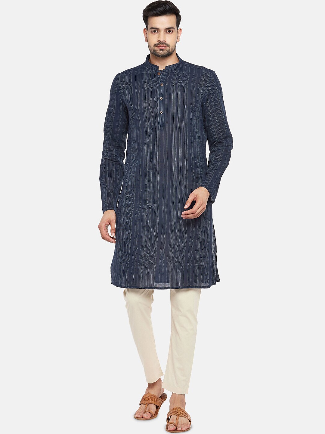 

indus route by Pantaloons Men Navy Blue & White Striped Thread Work Kurta