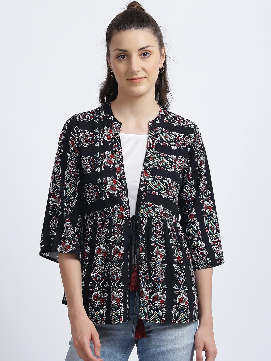 

Zink London Women Black & Maroon Tribal Printed Open Front Shrug
