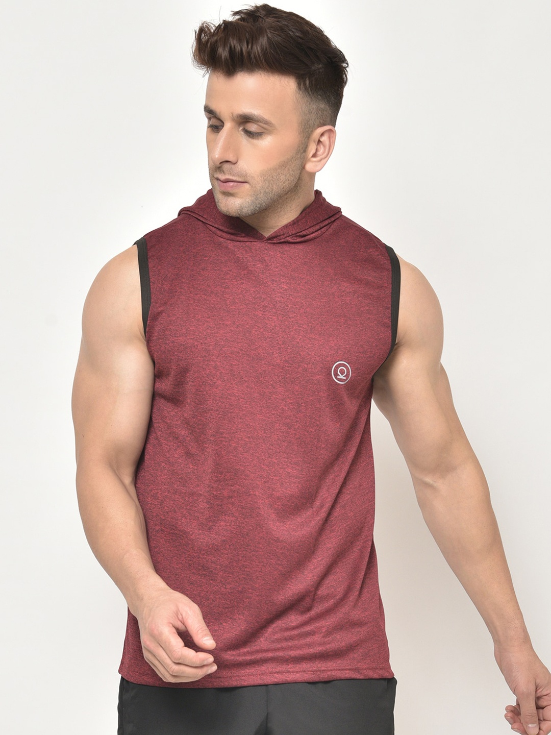 

CHKOKKO Men Maroon Self Design Hood Dry Fit Gym T-shirt