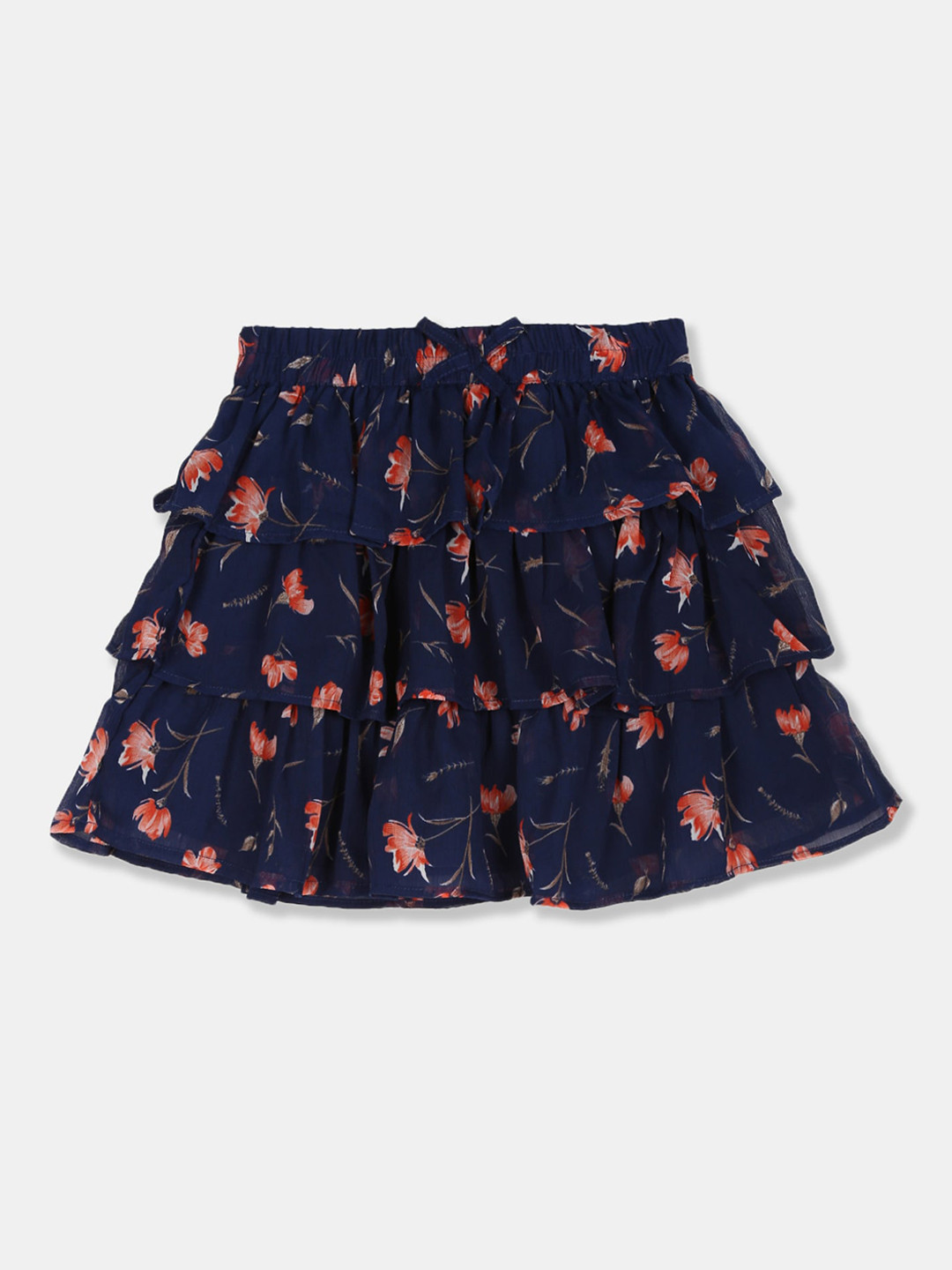 

Cherokee Girls Navy Blue & Orange Floral Printed Tiered Mini Skirt