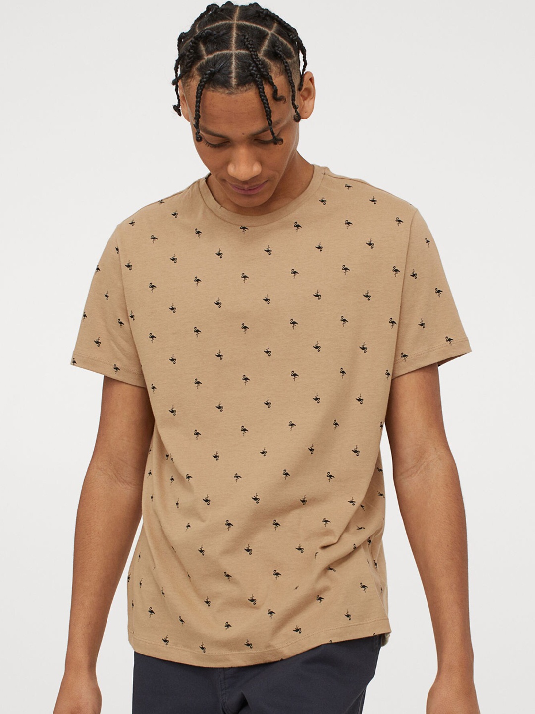 

HM Men Beige Black Cotton Pure Cotton T-shirt