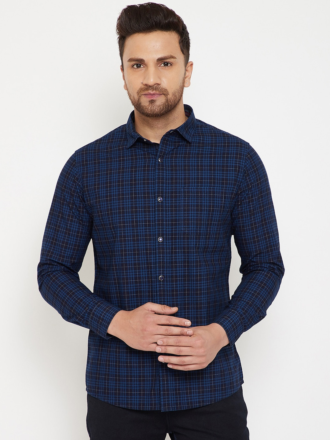 

Canary London Men Navy Blue Slim Fit Checked Casual Shirt
