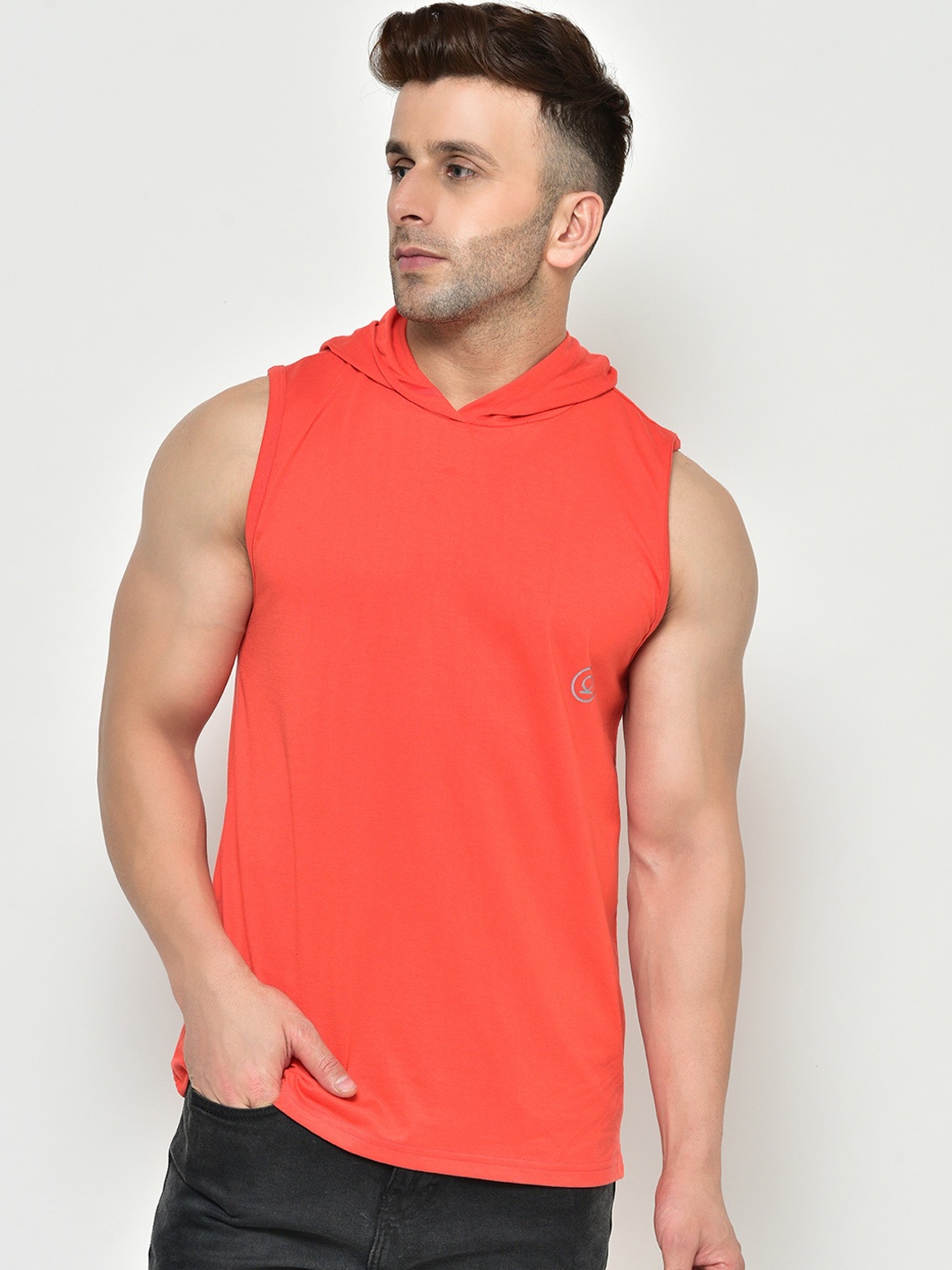 

CHKOKKO Men Peach-Coloured Solid Hood Dry Fit T-shirt