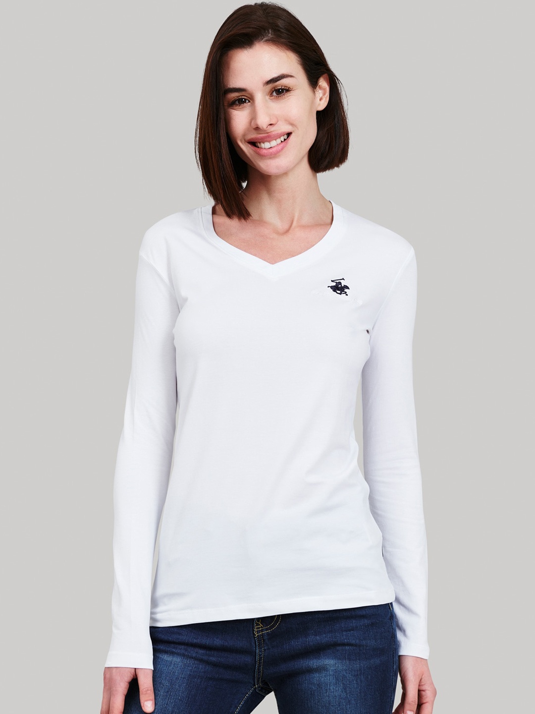 

Beverly Hills Polo Club Women White Solid V-Neck T-shirt