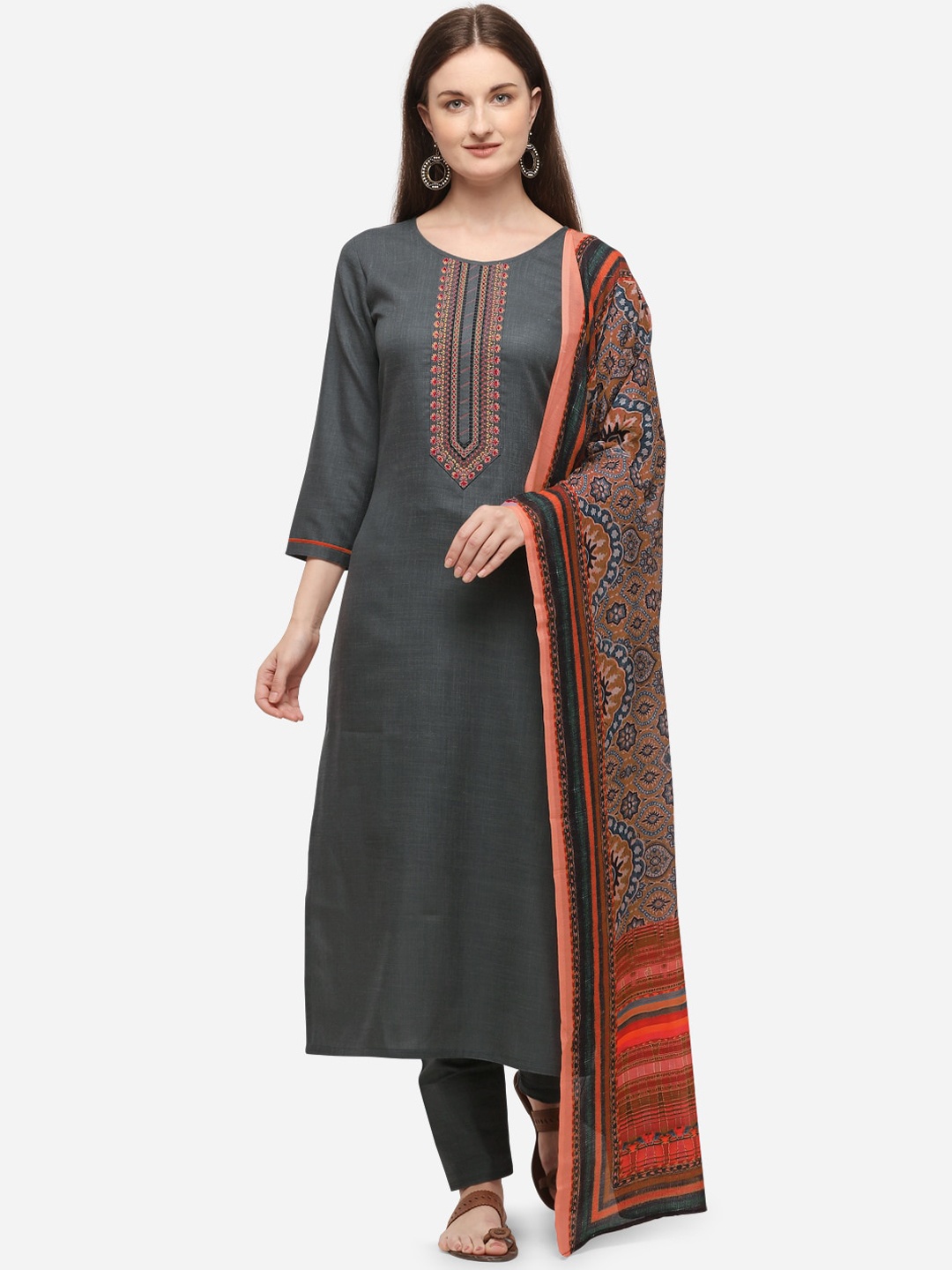 

SheWill Grey & Red Cotton Blend Unstitched Dress Material