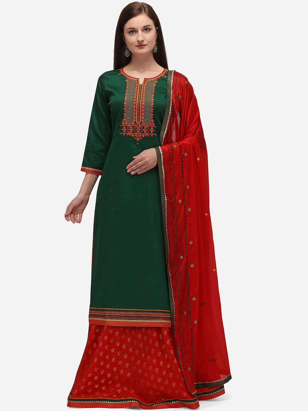 

SheWill Green & Red Silk Blend Unstitched Dress Material