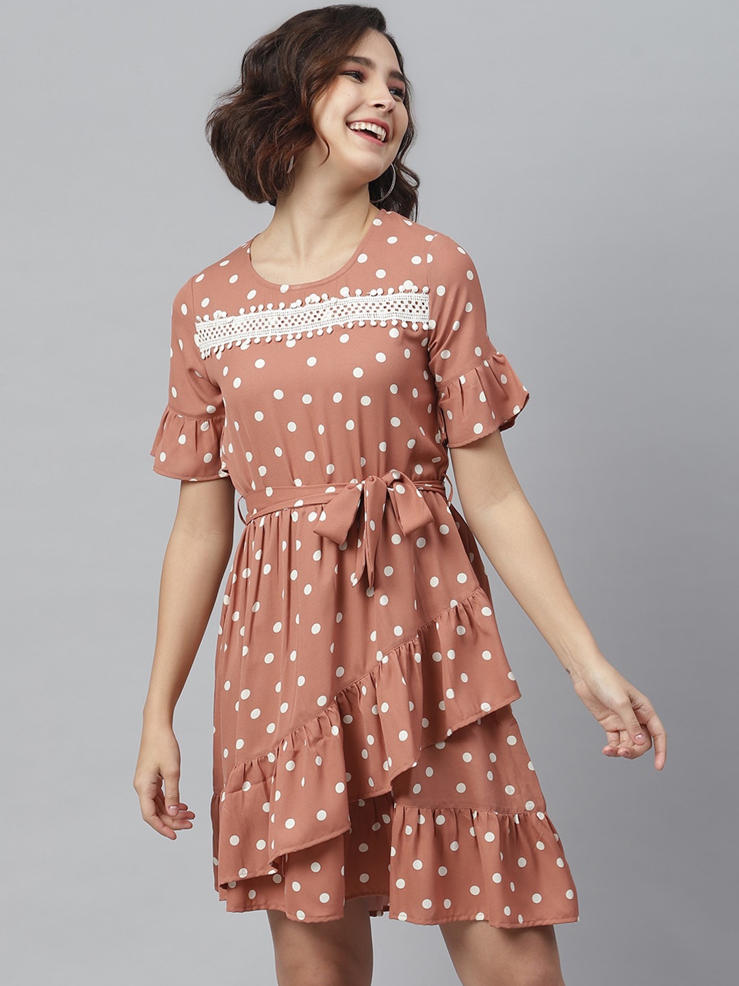 

StyleStone Women Brown & White Polka Dot Printed A-Line Dress