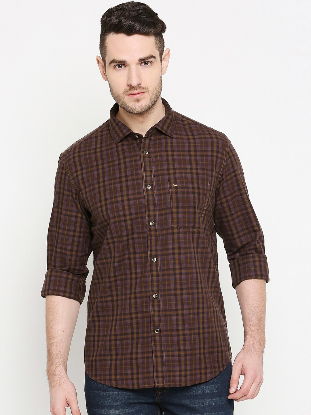 

Basics Men Brown Slim Fit Checked Casual Shirt