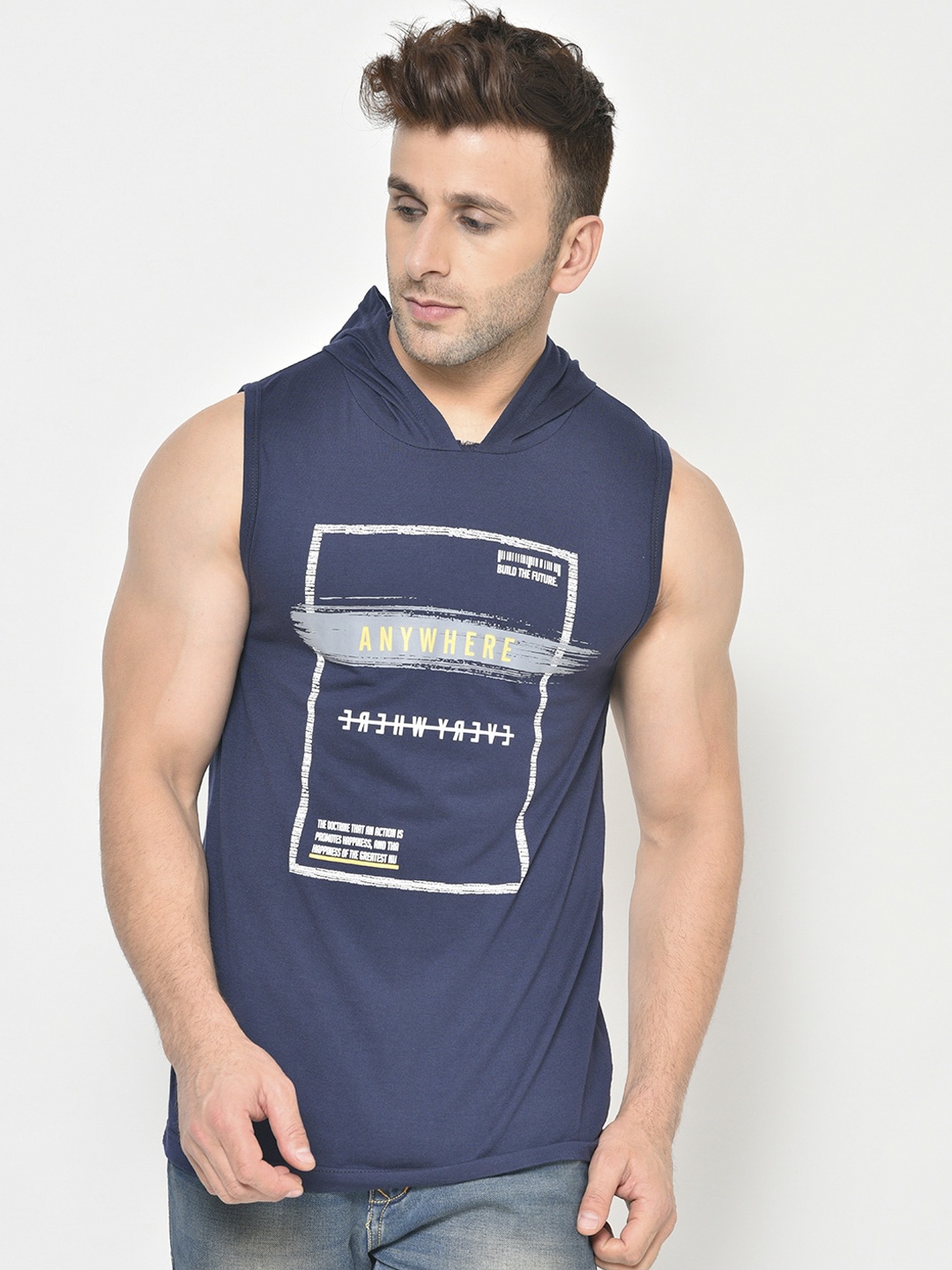 

Chkokko Men Navy Blue Printed Hood Dry Fit Gym T-shirt