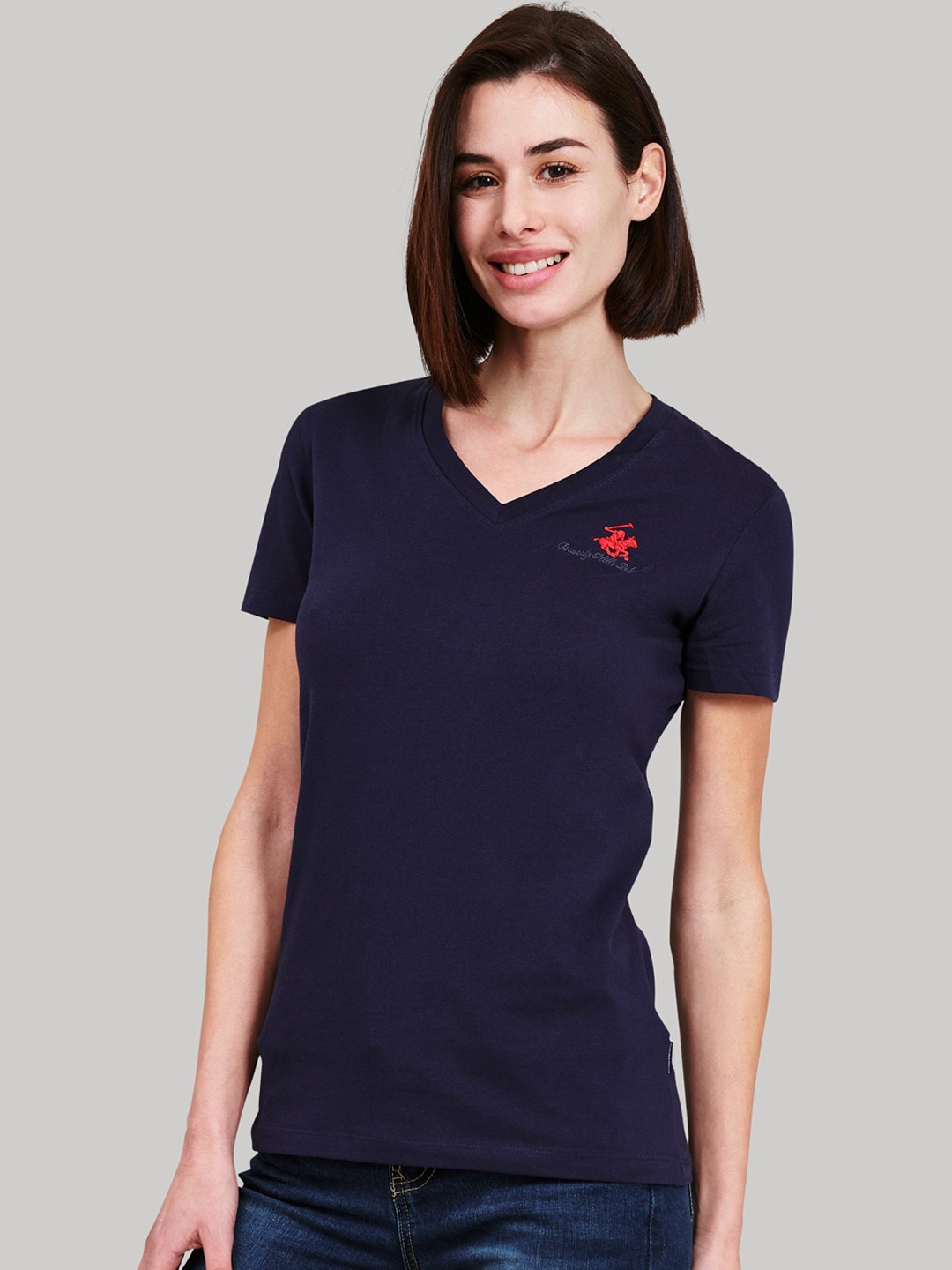

Beverly Hills Polo Club Women Navy Blue Solid V-Neck T-shirt