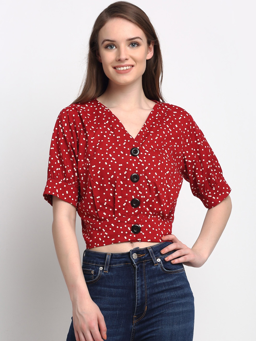 

Just Wow Red Geometric Printed Shirt Style Crop Top