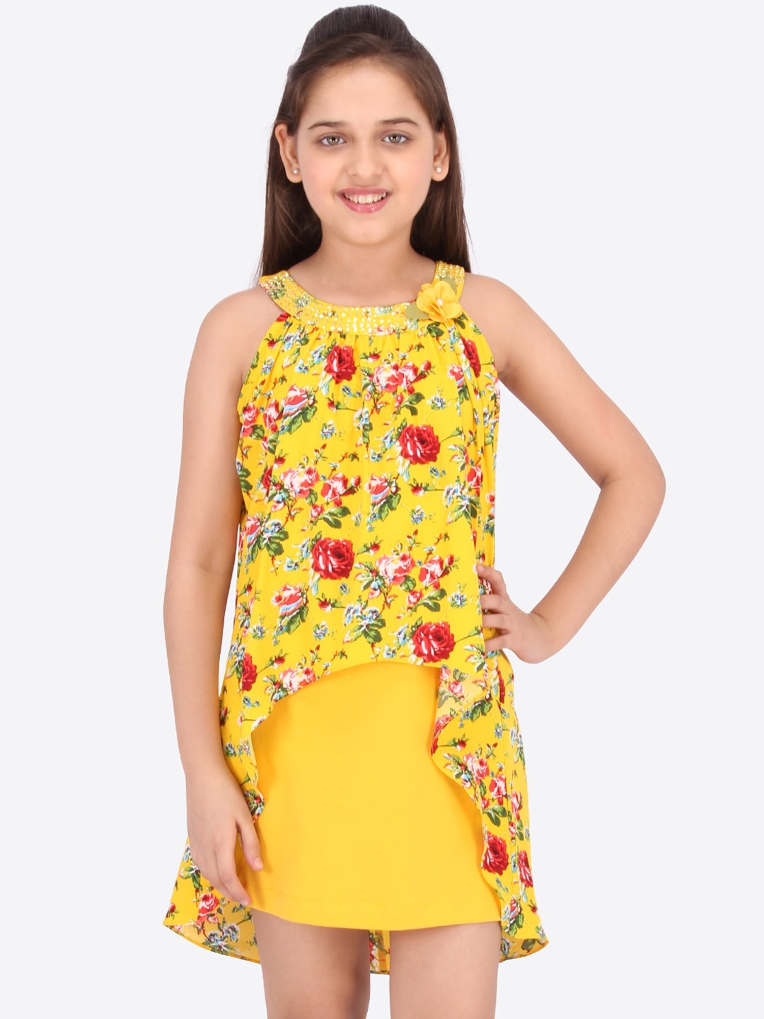 

CUTECUMBER Girls Yellow Floral Printed A-Line Dress