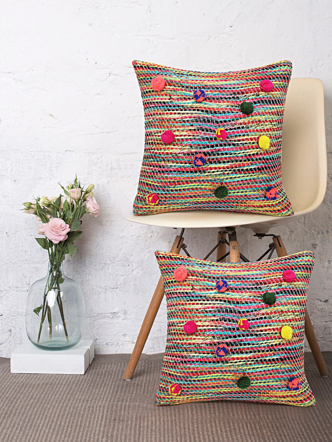 

Mezposh Pink & Yellow Set of 2 Self Design Square Cushion Covers