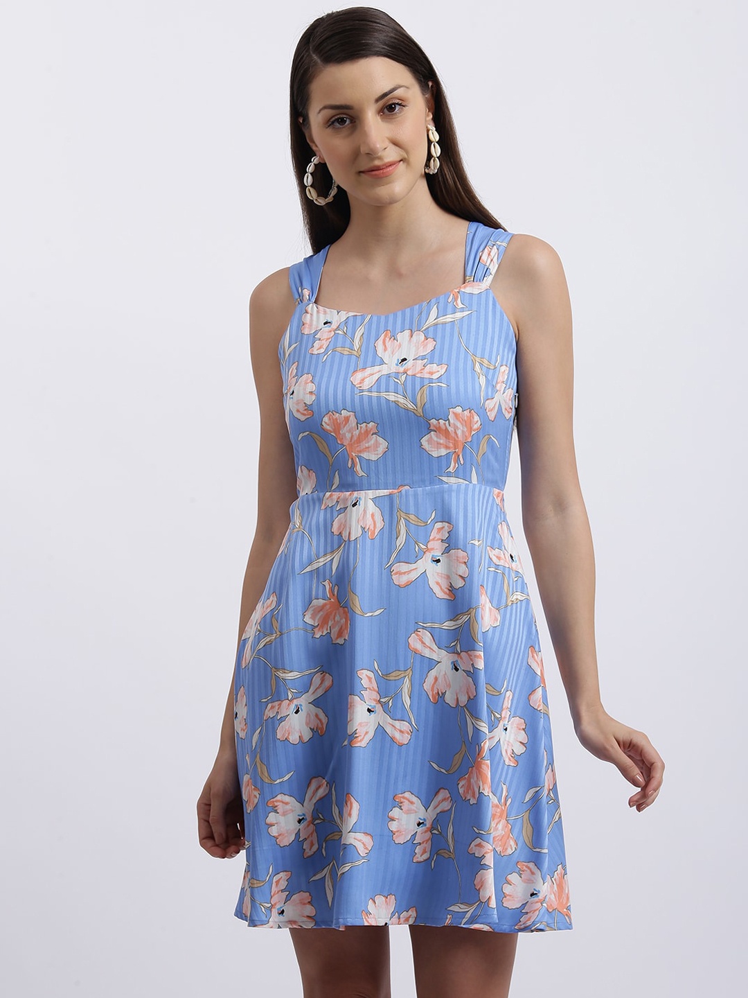 

Zink London Women Blue Floral Printed Fit and Flare Dress