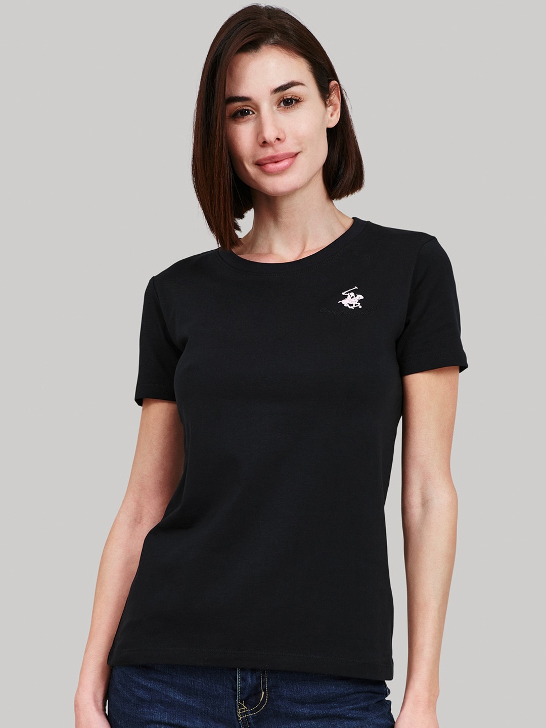 

Beverly Hills Polo Club Women Black Solid Round Neck T-shirt