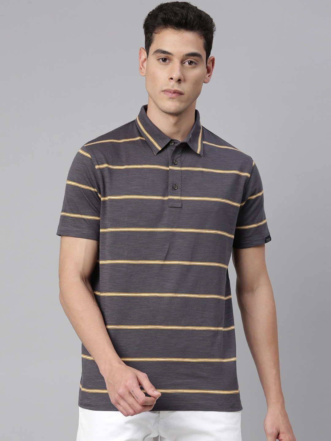 

RARE RABBIT Men Grey Striped Polo Collar T-shirt