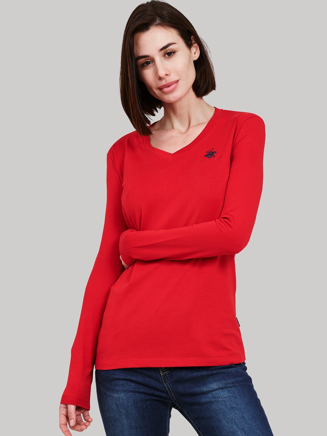 

Beverly Hills Polo Club Women Red Solid V-Neck T-shirt