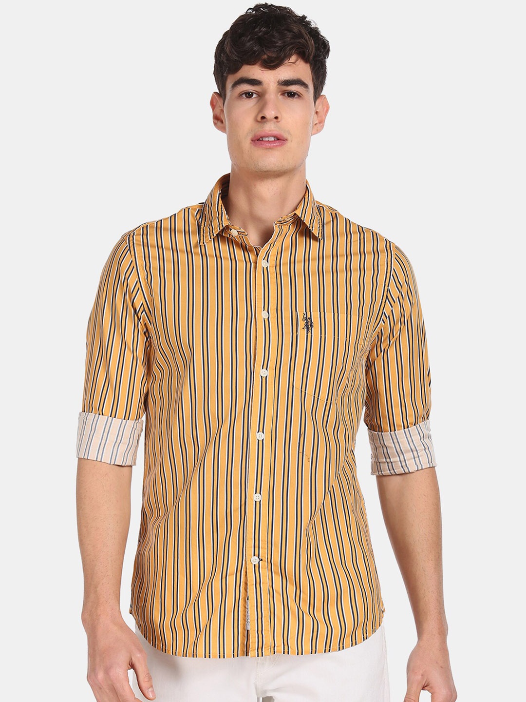 

U.S. Polo Assn. Men Yellow & Navy Blue Regular Fit Striped Pure Cotton Casual Shirt
