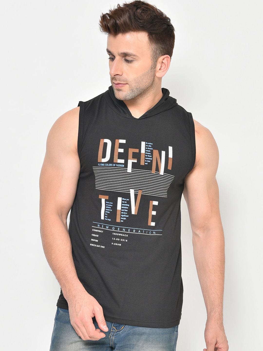 

CHKOKKO Men Black Printed Hooded T-shirt