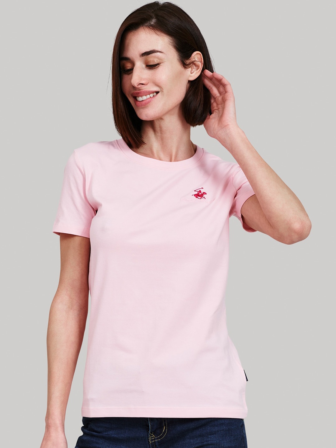 Beverly Hills Polo Club Women Pink Solid Round Neck T-shirt