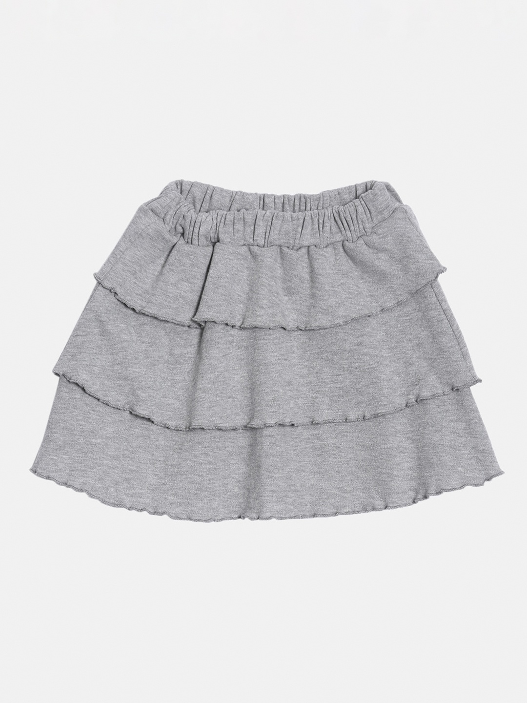 

Kryptic Girls Grey Melange Solid Tiered Knee Length Cotton Skirt