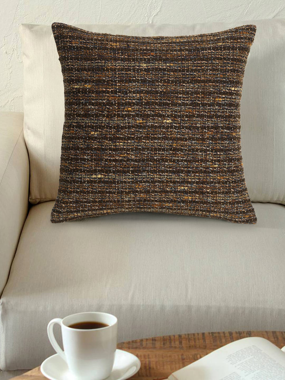 

Mezposh Brown & Gold-Toned Set of Single Self Design Square Cushion Covers