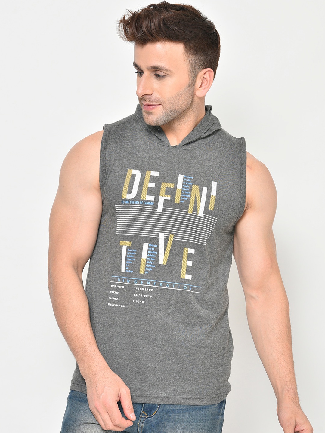 

CHKOKKO Men Grey Melange Printed Hood T-shirt