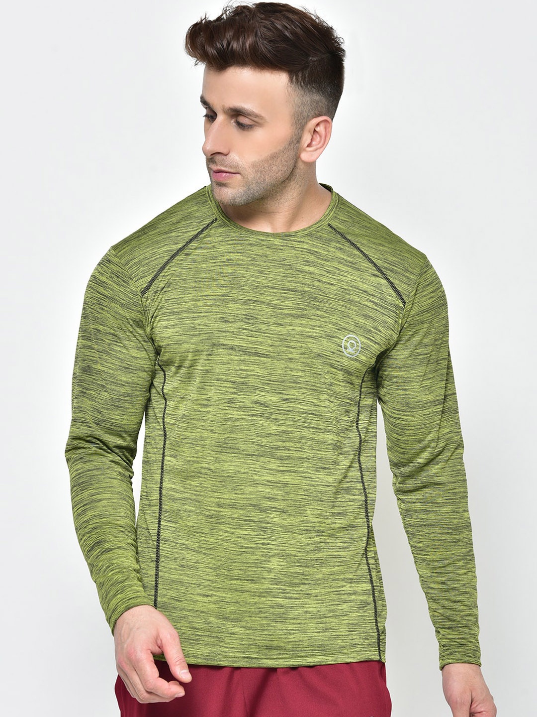 Chkokko Men Olive Green Self Design Round Neck Gym T -Shirt