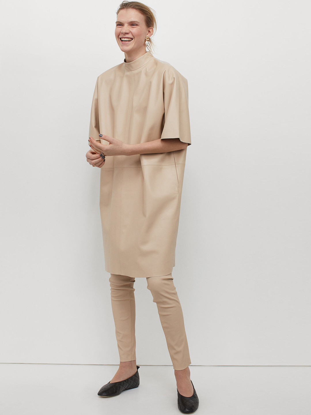 

H&M Women Beige Solid Leather Dress