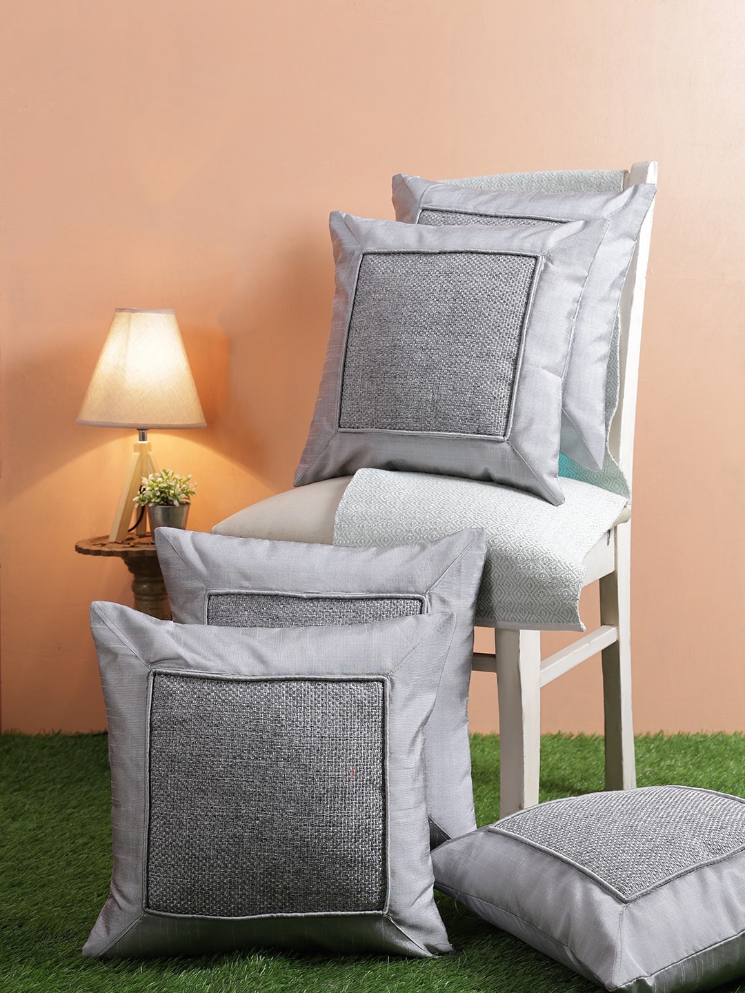 

ROMEE Grey Set of 5 Self Design Square Cushion Covers