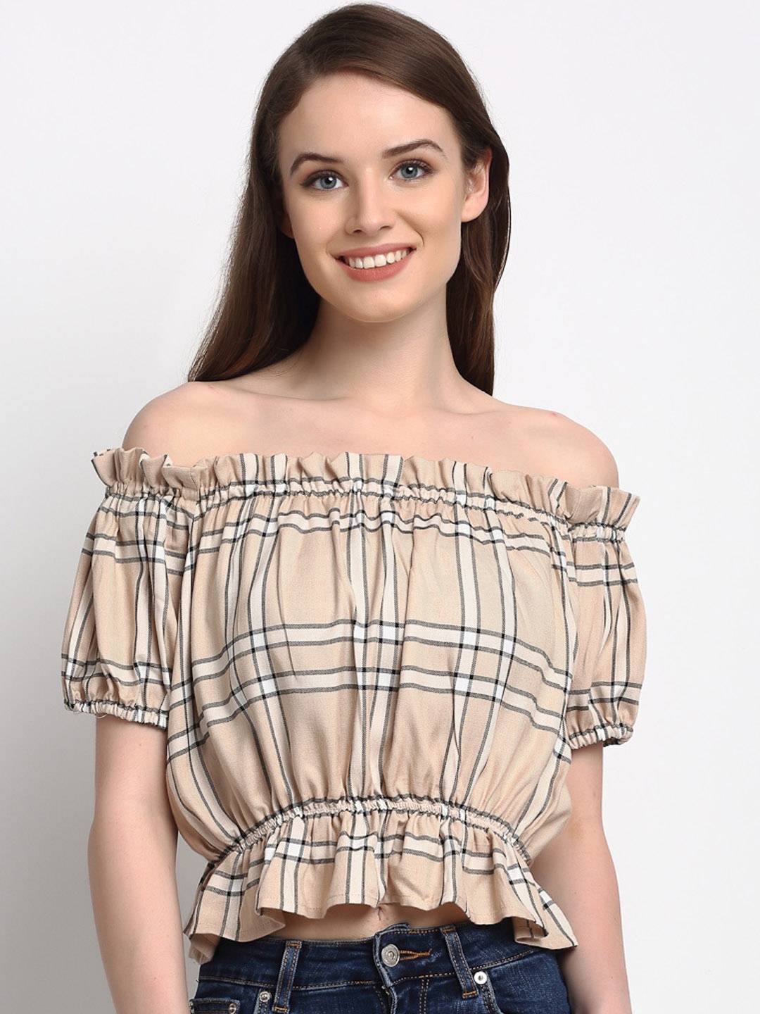 

Just Wow Beige & Off White Checked Off-Shoulder Puff Sleeves Bardot Crop Top