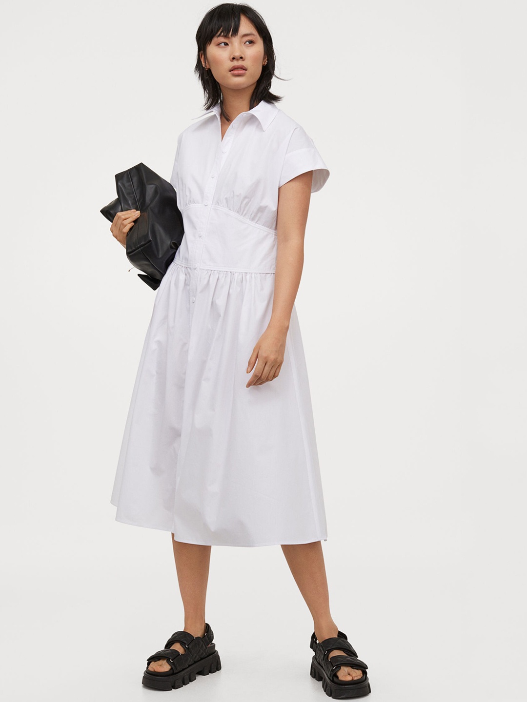 

H&M Women White Solid Cotton Fit And Flare Dress With Shirt Collar