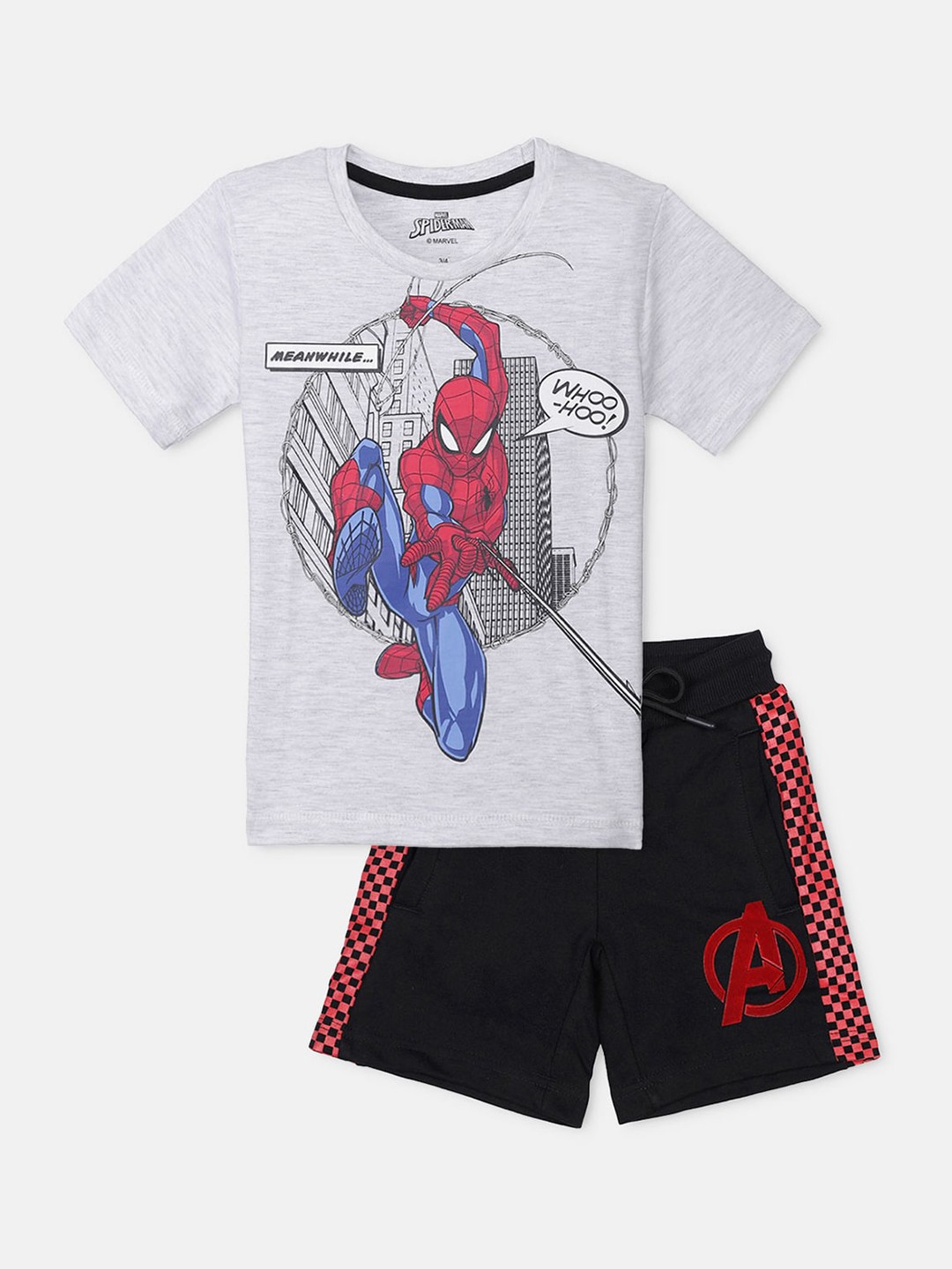 

Kids Ville Boys Grey Melange & Black Avengers Printed T-shirt with Shorts